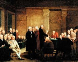 Signing the Declaration of Independence by Robert E Pine-Lyman Hall-MD and Patriot