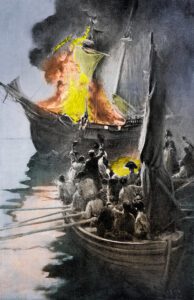 Artist Depiction of HMS Gaspee Burning-The Gaspee Affair-Act of War